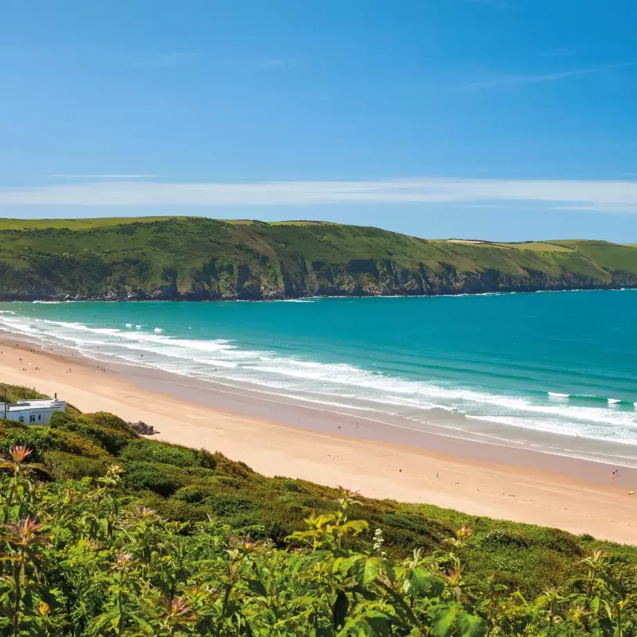 View of Woolacombe beach on a sunny summers day